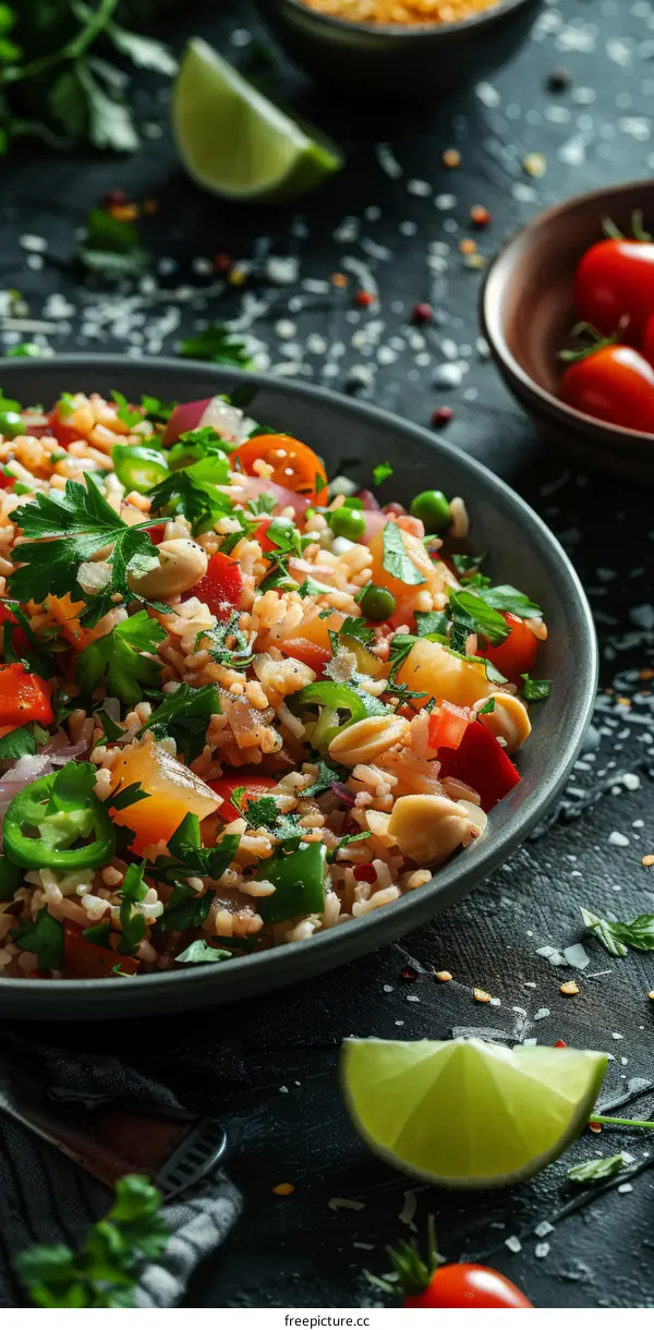 West African Jollof Rice with Bell Peppers, Peas, and Peanuts