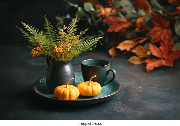 Autumnal Still Life with Teal Pottery