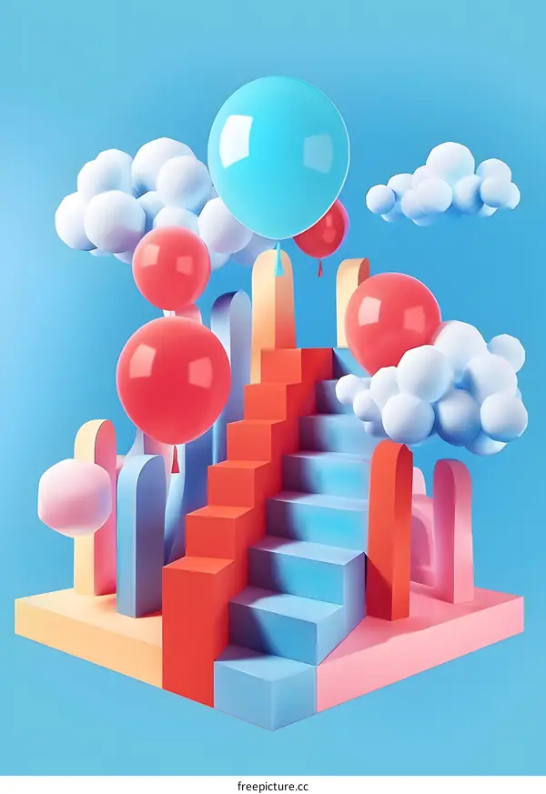 Colorful 3D Illustration With Balloons And Stairs