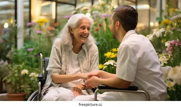 Smiling elderly woman in wheelchair talking to male nurse in a garden