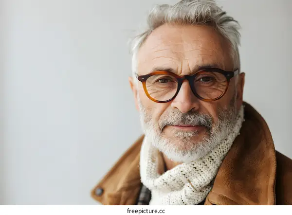 portrait of a handsome senior man with grey hair and beard wearing glasses and a brown jacket