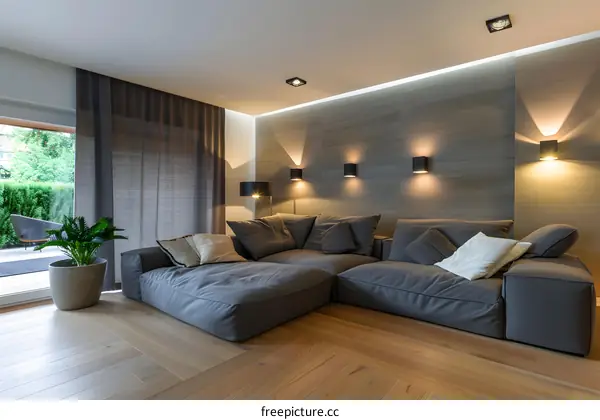 Modern Living Room With Grey Sofa And Wood Floor