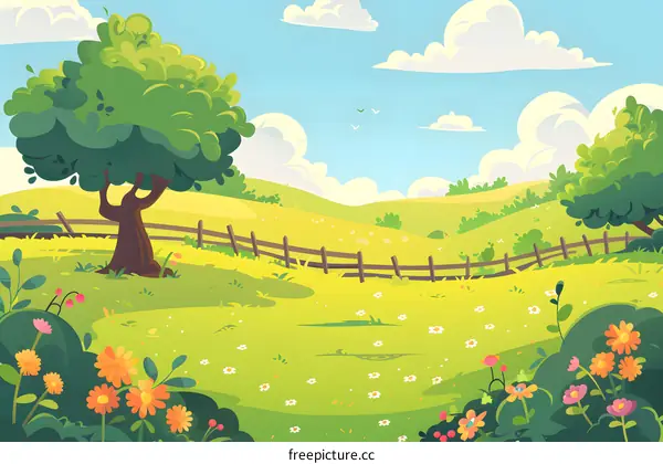 Springtime Meadow with Green Grass, Flowers, and a Wooden Fence