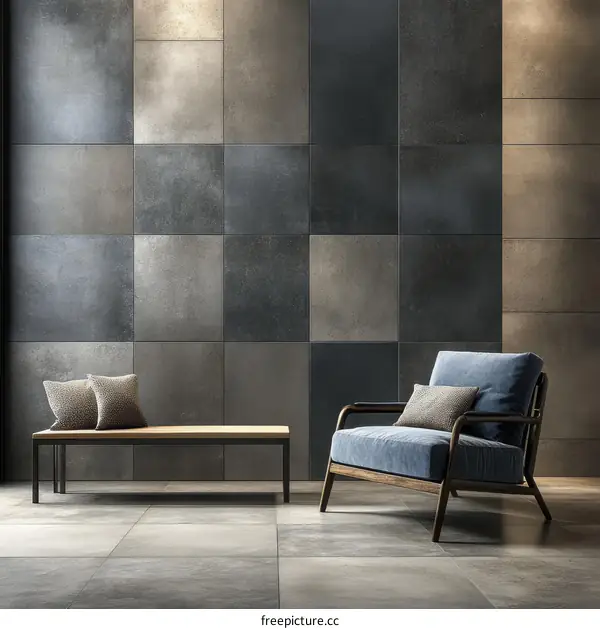 Modern Interior Design with Gray Tiles and Furniture