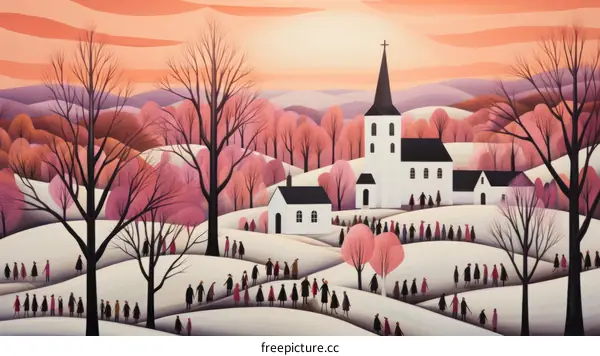 A painting of a group of people walking towards a church