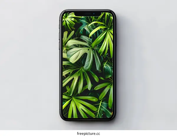 Black Smartphone with Green Leaves Wallpaper