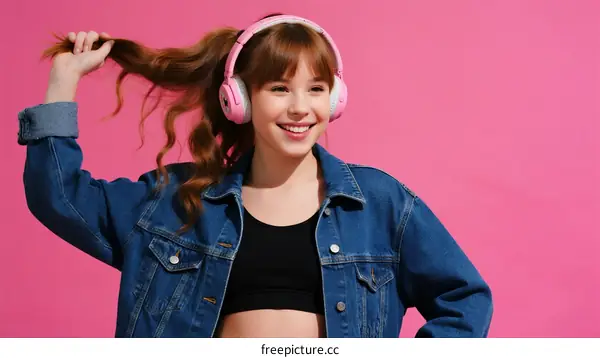 Young woman wearing pink headphones and denim jacket