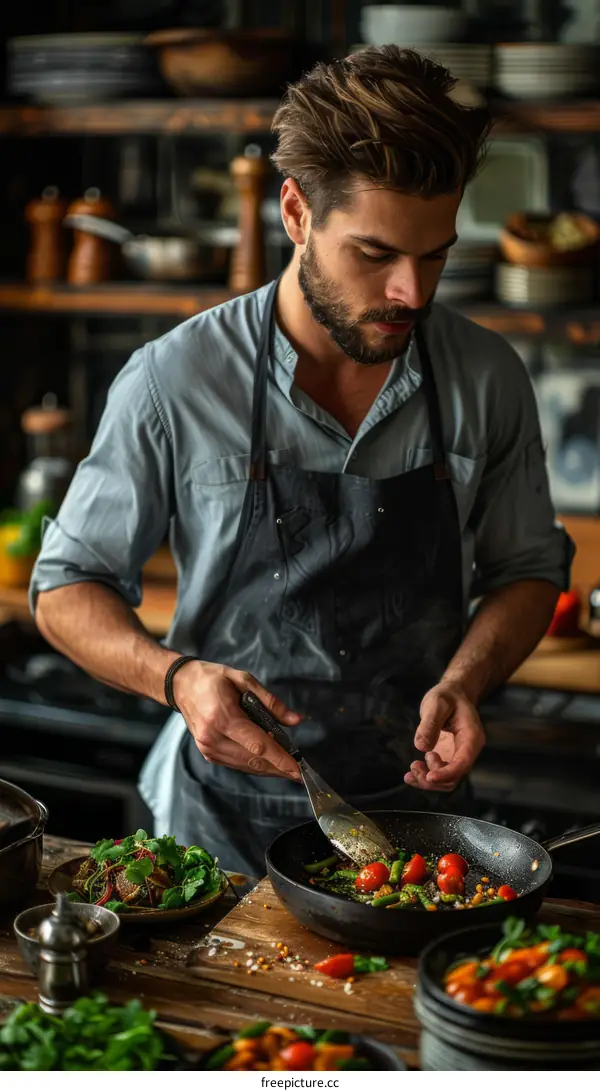 cooking vegetables and fish in kitchen