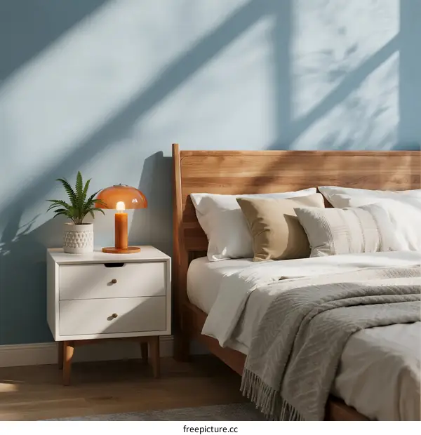 Cozy Bedroom Interior with Wooden Bed and Nightstand