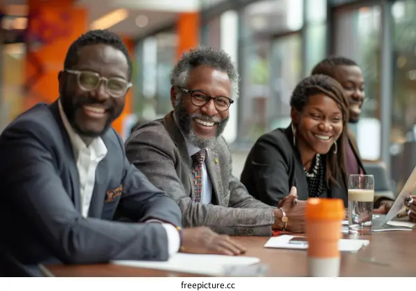 A group of four business professionals sitting around a table smiling