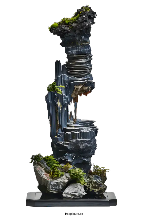 [Transparent Background PNG]Layered Rock Sculpture With Green Moss