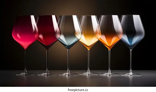 Elegant wine glasses in a row with a gradient of colors