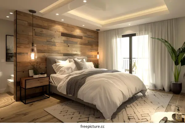 Modern bedroom interior with wooden wall and balcony