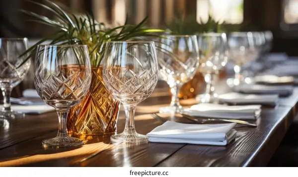 Crystal wine glasses on a wooden table set for a dinner party