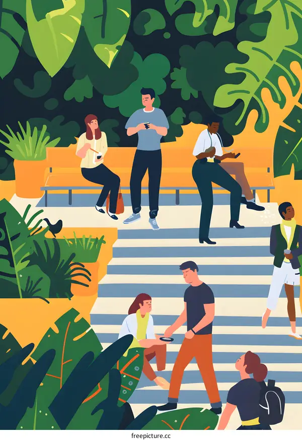People Walking in a Tropical Garden Illustration