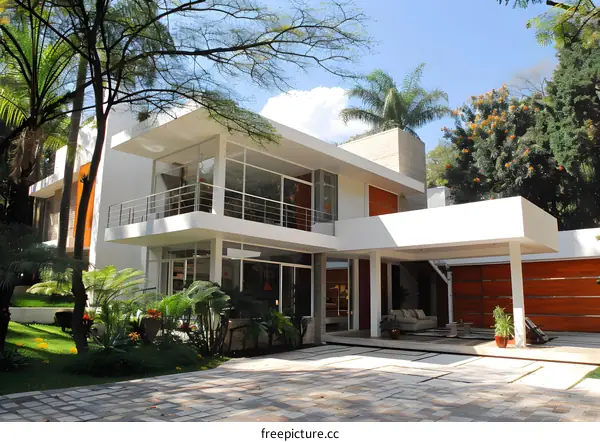 Modern Minimalist Home Exterior Design With Large Windows And Lush Greenery
