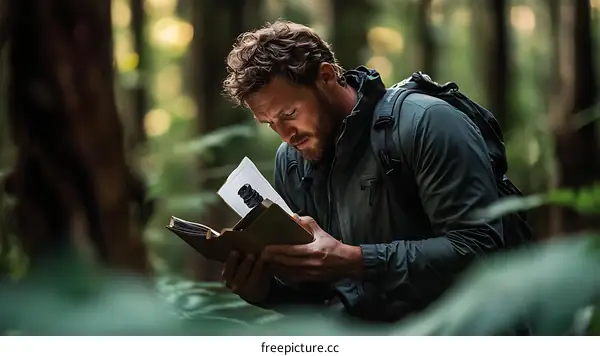 Caucasian Man Reading Outdoors in Forest