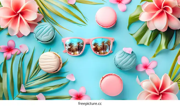 Summer Vacation Tropical Flat Lay with Sunglasses and Macarons