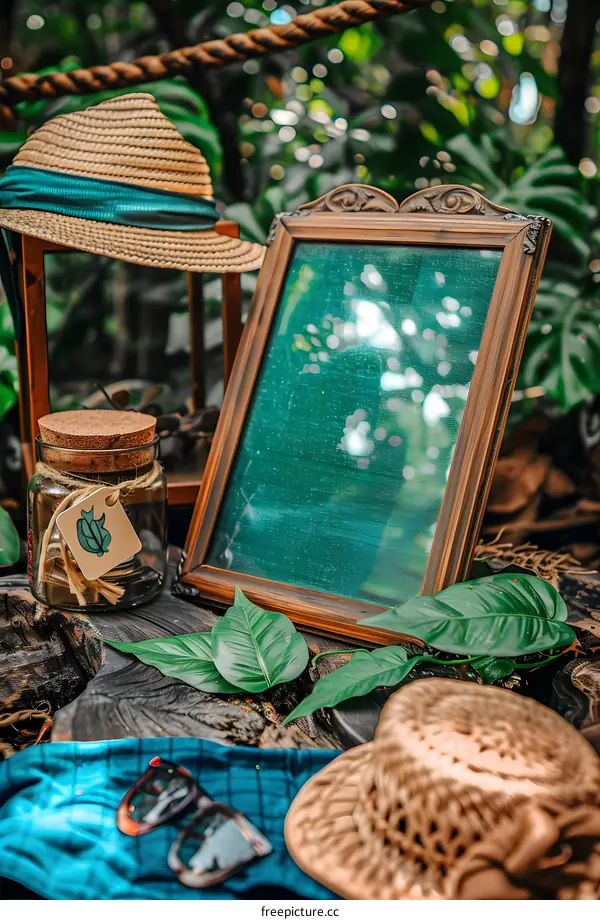 Vintage Wooden Frame With Green Glass And Rustic Summer Accessories