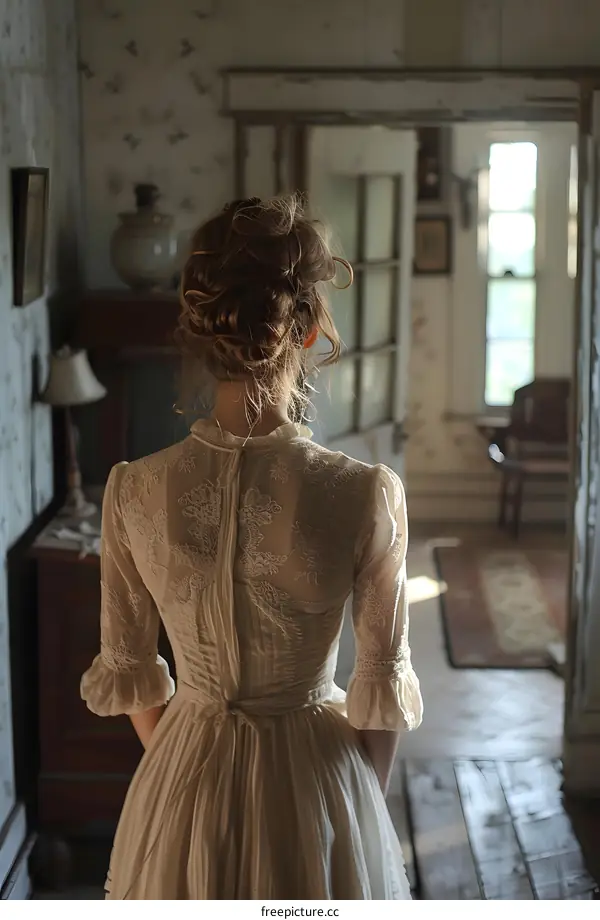 Woman in historical dress standing with back to camera in vintage room