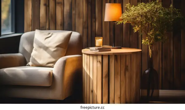 Stylish Living Room featuring an Armchair, Coffee Table, Lamp, and Plant