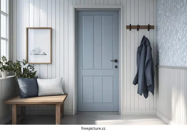 Cozy Entryway with Light Blue Door and Wooden Furniture