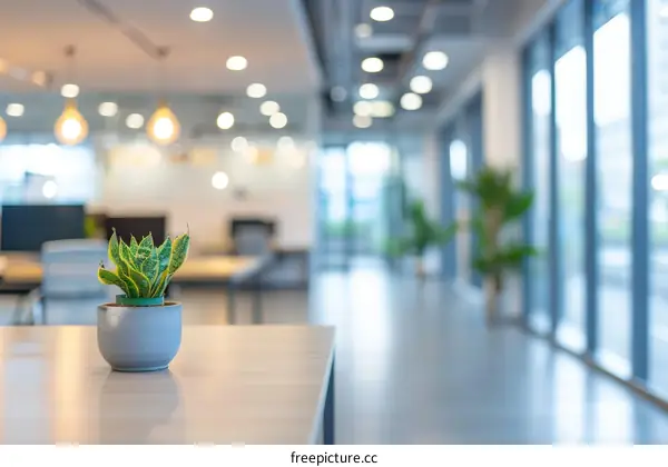 A modern office with a plant on the table