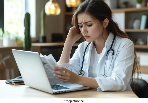 Concentrated Female Doctor Reading Medical Documents