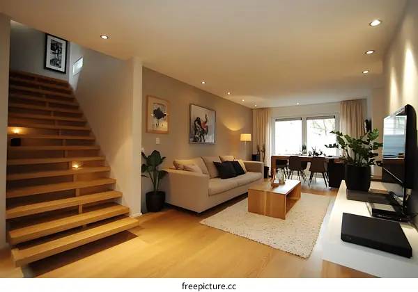 Modern Wooden Staircase in a Stylish Living Room
