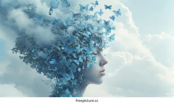 Serenity of Nature: A Young Woman Embraces the Beauty of Butterflies and Blossoms
