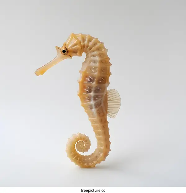 A 3D rendering of a tan colored seahorse