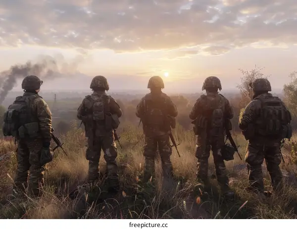 Five soldiers in camouflage uniform stand on a hill and watch the sunset.
