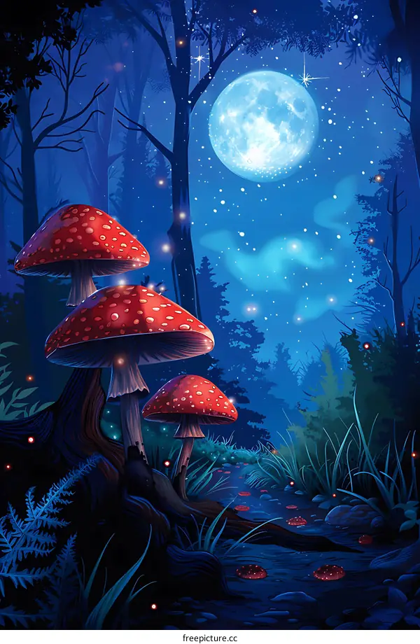 Night Forest with Full Moon and Glow Mushrooms