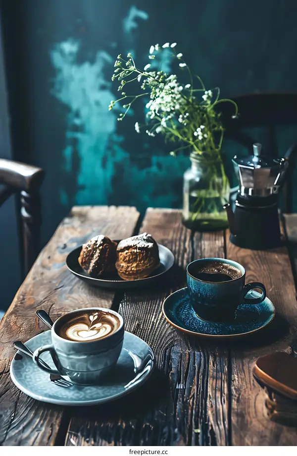 Two Cups of Coffee and Pastry on a Wooden Table
