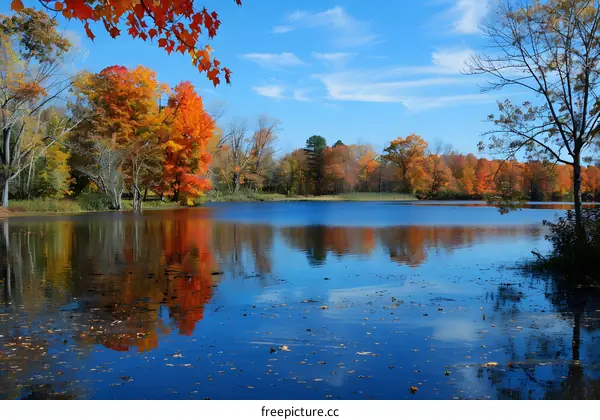 The colorful autumn leaves are reflected in the calm lake water, with blue sky and white clouds in the background