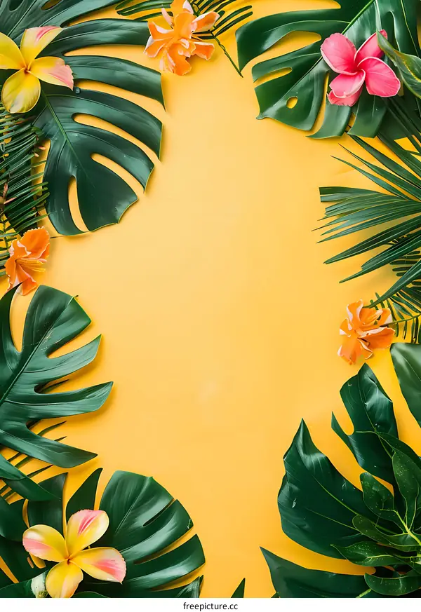 Tropical Leaves and Flowers Frame on Yellow Background