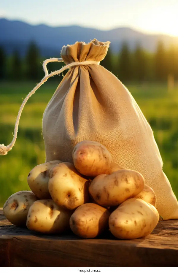 A burlap sack full of potatoes sits on a wooden table in a field.