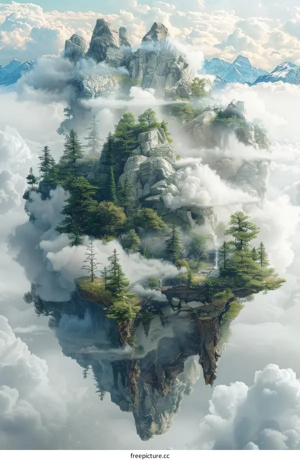 Fantasy floating island with green trees and blue sky