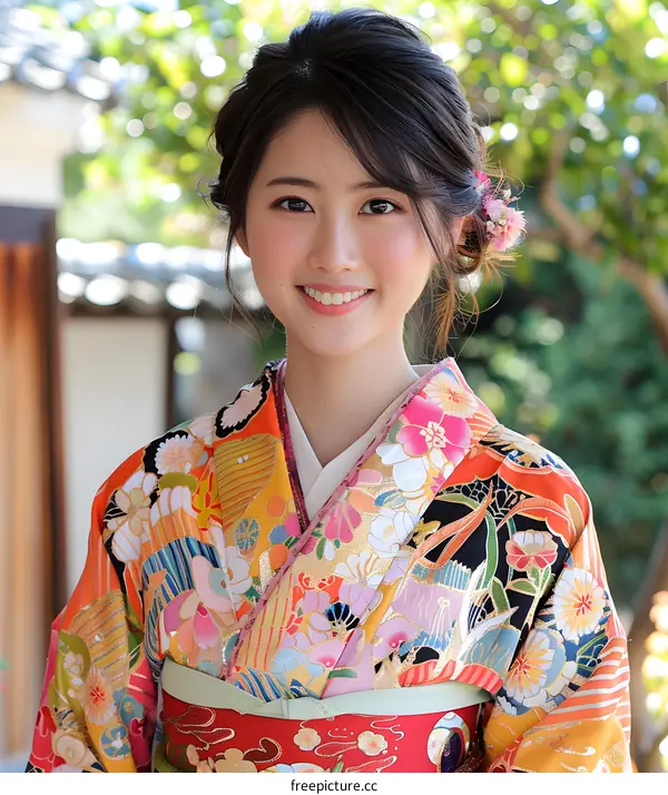 Smiling Japanese Woman in Traditional Kimono