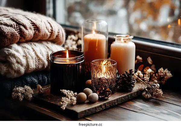 Cozy Autumn Windowsill Decor with Candles and Knitted Sweaters