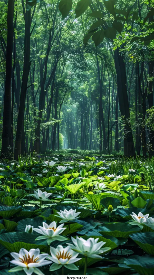 Lush Forest with Serene Lily Pond