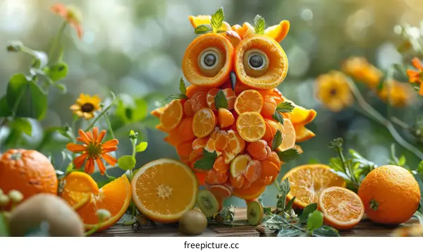 Orange Owl Made of Oranges and Other Fruits