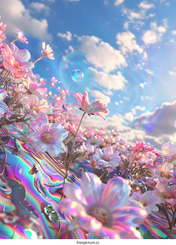 Holographic Flowers Field Dreamy Illustration