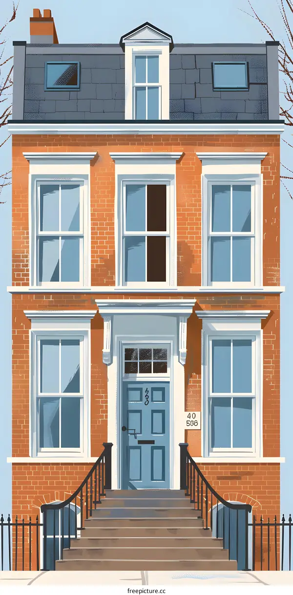 Illustration of a Brick House with Blue Door and Steps