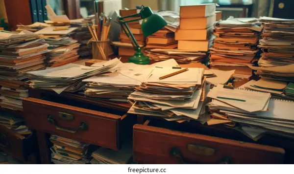 Stacks of paper and books on a desk