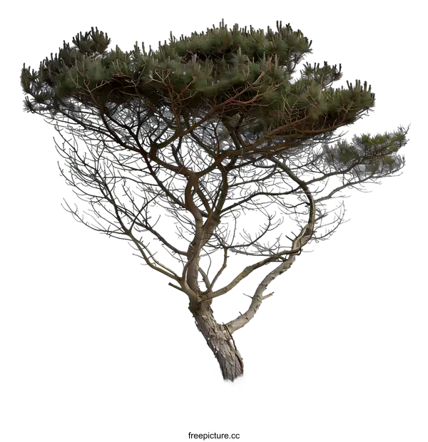 [Transparent Background PNG]Isolated Tree with Green Needles and Twisted Branches