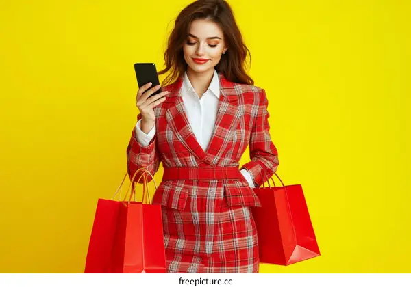 Woman in Red Plaid Outfit with Shopping Bags