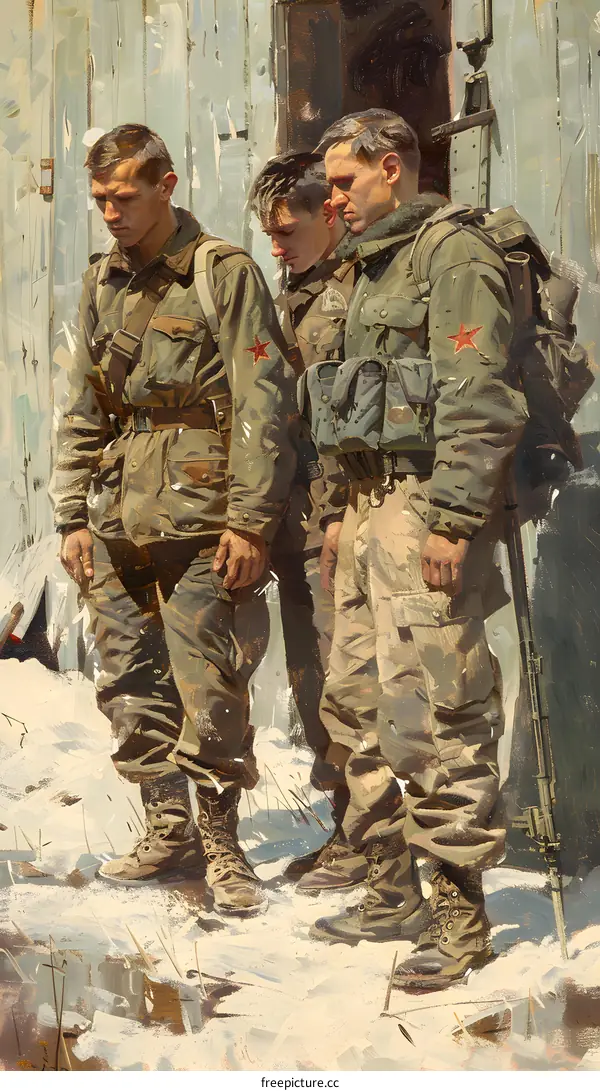 Three soldiers in winter gear stand in front of a wooden wall
