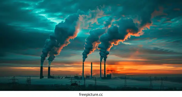 Air Pollution from Industrial Chimneys at Dusk