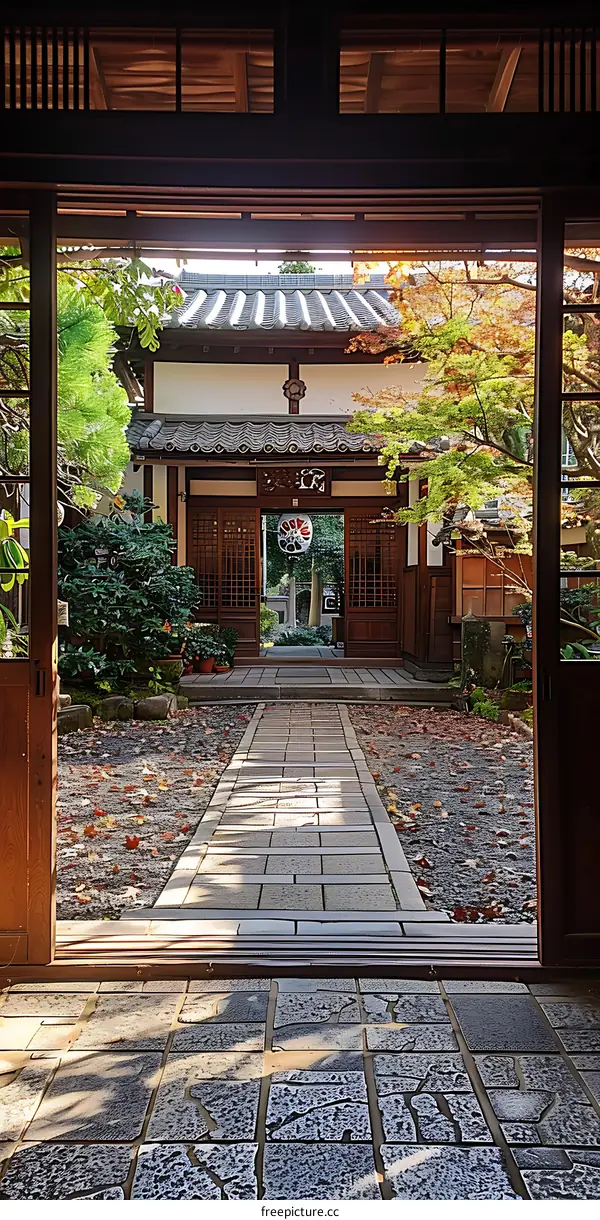 Traditional Japanese House Entrance With Stone Path